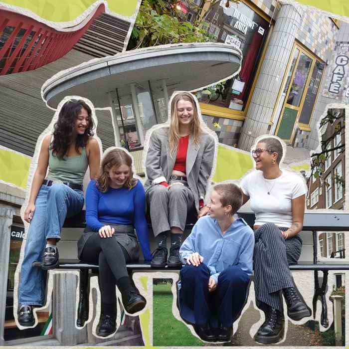 A group of five people sitting on a bench, laughing and enjoying each other’s company. From left to right, one person is wearing a green tank top and jeans (Elle), the second person is in a blue long-sleeve top and gray skirt (Marije), the third is in a red crop top under a gray suit (Amara), the fourth person, is wearing a light blue button-up shirt and navy pants (Annika), and the last person is in a white t-shirt with gray pinstripe pants and glasses (Juju). The background features an artistic collage of buildings and structures, including a café, a pedestrian bridge, and an overhead cover, adding an urban and playful vibe to the composition.